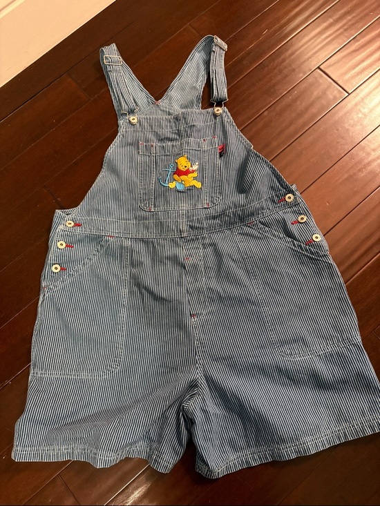 Disney Pants - Vintage Women’s Plus Blue Striped Short Overalls with Winnie the Pooh Embroidery